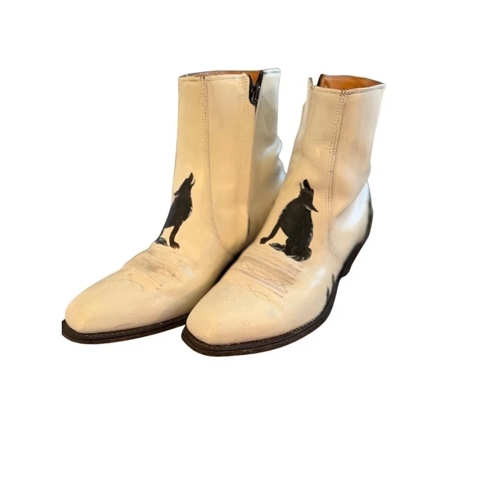 Sears Vintage Mens Hand Painted Coyote Boots Size 8 D Cream Leather Western OOAK